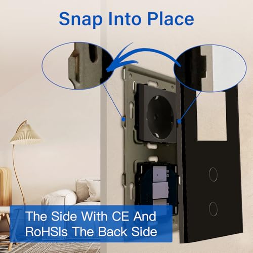 BSEED Steckdose mit Lichtschalter,Glas Touch Lichtschalter Unterputz Schalter,Schuko Steckdose mit 2 Fach 2 Wege Wandschalter Schwarz(Nicht Smart Schalter)