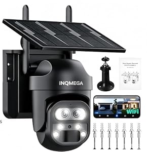 INQMEGA WiFi-Solar-Sicherheitskamera, 3K/6 MP, Dual-Objektiv, 12-facher Zoom, kabellose Außenkamera, PIR-Bewegungserkennung, Farb-Nachtsicht, Strahler und Sirene, Cloud- und microSD-Speicher