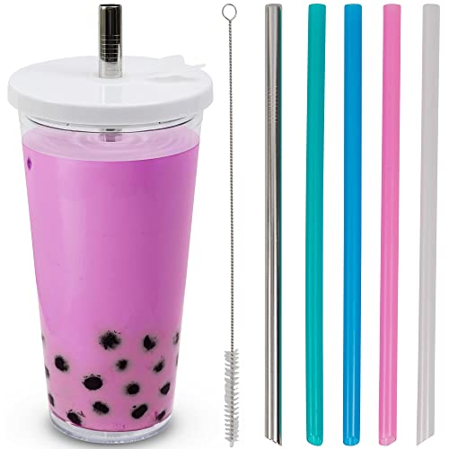 Planet Boba 24 Oz Reusable Boba Cup W 5 Bonus Straws | Smoothie Cup With Straw | Leakproof Bubble Tea Cup | Lids And Straw |Reusable | Insulated Boba Tumbler | White #TOP12