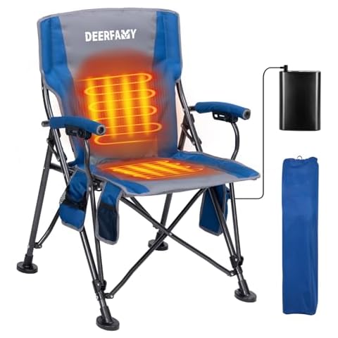 DEERFAMY Heated Camping Chair with 12V Battery Pack, 3 Level Intelligent Heating, Adjustable Backrest Seat Heating, Heated Folding Chair with Cup Holder, Rich Pockets, Travel Bag for Outdoor Sports Cover