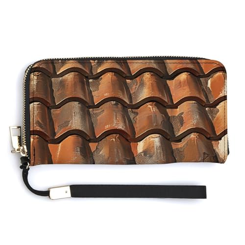 Brown Tile Roof Wristlet Long Wallet Womens Purse Zip Clutch Large Capacity Leather Purse Credit Coin Purse