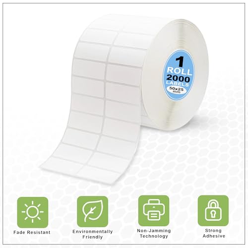 Image of GLUN Direct Thermal Barcode Label 4000 Stickers in 2 Roll, Size 50x25 mm, Direct Thermal White Self Adhesive Sticker for Labelling & Barcoding