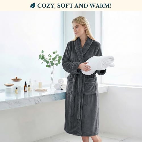 Image of PAVILIA Women's Plush Fleece Robe, Soft Cozy Long Bathrobe with Satin Waffle Trim, Warm Lightweight, Pockets & Tie Belt