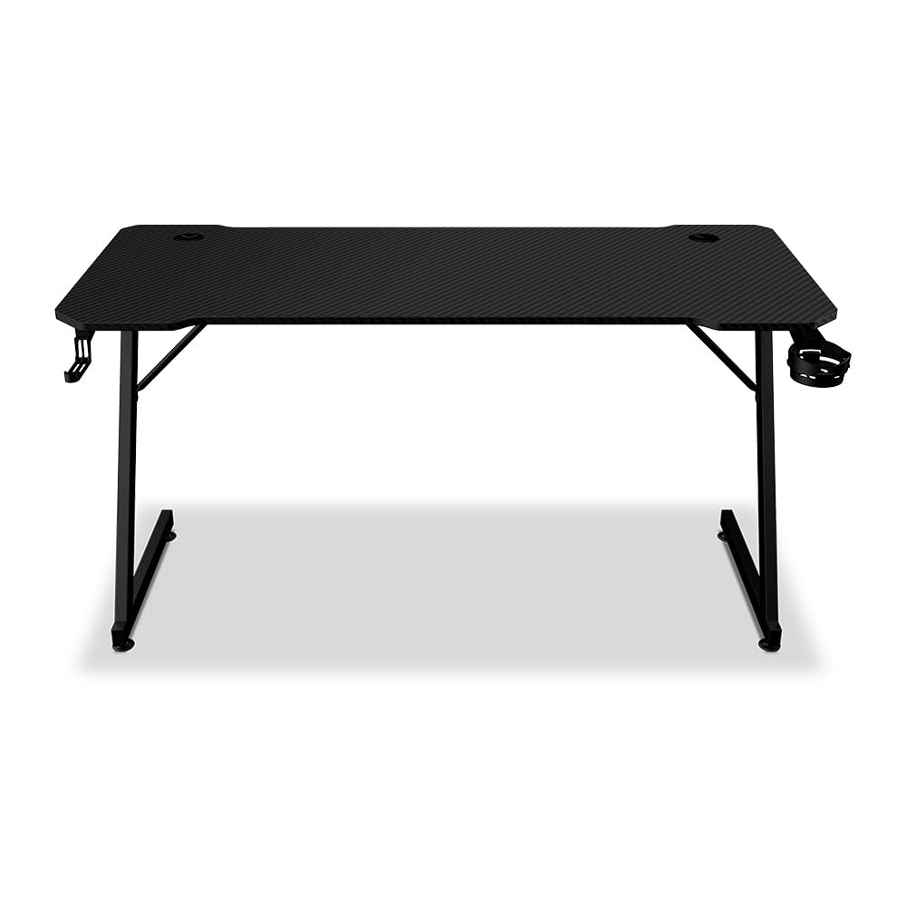 Alpha Gamer Gemina Black 140x60 cm – Escritorio Gamer con Soporte Auriculares, Portavasos, Gestión de Cables, Tapa Textura Carbono, Patas Ajustables – Negro