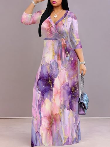 Image of PinkPatty Plus Size Maxi Dress for Women Casual V Neck 3 /4 Sleeve Boho Printed Long Dress with Pockets