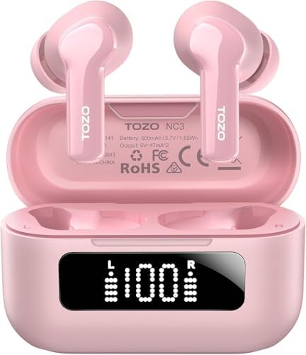 TOZO NC3 Hybrid Active Noise Cancelling Wireless Earbuds with 6 Mics AI Clear Call Ear Buds 55H Playtime with LED Display 32 Preset EQs via APP Bluetooth 5.3 IPX8 Waterproof in Ear Headphones