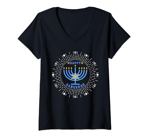 Happy Hanukkah Tee for Jewish Menorah Chanukah Camiseta Cuello V