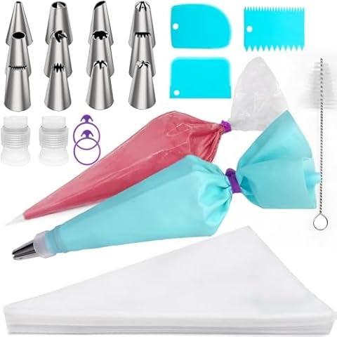 Piping Bags and Tips Set,100Pcs 12 Inch Disposable Pastry Bags, Icing Bags for Cake Decorating Kit Supplies with 1 Reusable Piping Bags, 12 Frosting Tips, 3 Cake Scrapers, 1 Brush Cover