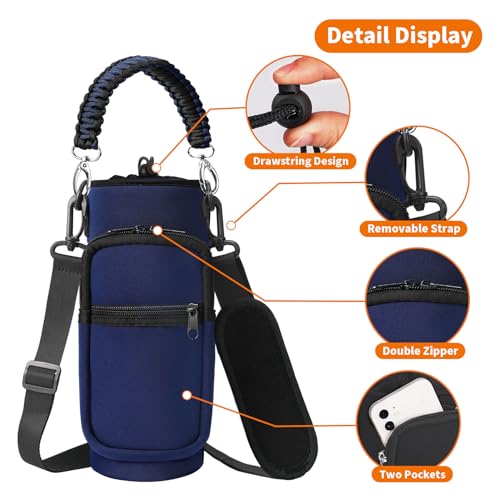 AceTreker 32 oz 40 oz Water Bottle Holder Bag with Strap, Neoprene Water Bottle Carrier with Paracord Handle, Sport Bottle Sleeve Sling Bag with Pocket for Travelling, Walking, Camping-Navy - Thumbnail 7
