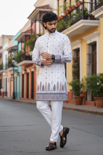 Image of Trustous Men's White Printed Kurta | Stylish Ethnic Wear Kurta for Men | Regular Fit Traditional Kurta | Festive, Wedding, Party & Casual Wear