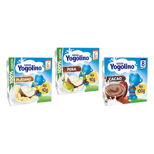 Nestlé Yogolino - Mega Pack Yogures para bebé 3 sabores: Coco Plátano -100% vegetal, Coco Pera - 100% vegetal y cacao - Yogur infantil - 2 Packs 4x90g y 1Pack 4x100g