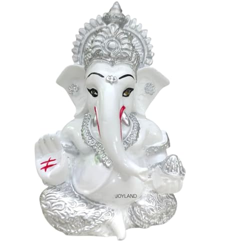 Image of JOY LAND Lord Ganesha Car Dashboard Idol | White & Gold Ganesh Murti for Car Dashboard, Home & Office Decor (White Silver)