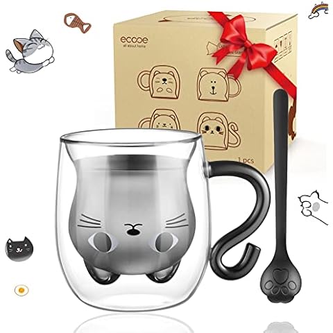 ecooe Doppelwandige Süße katze Latte Macchiato Gläs Borosilikatglas Kaffeetasse 1 * 290ml Kaffeeglas Teegläs mit Henkel ＆ ein Löffel für Cappuccino,Latte Macchiato,Tee,EIS,Milch,Bier Cover