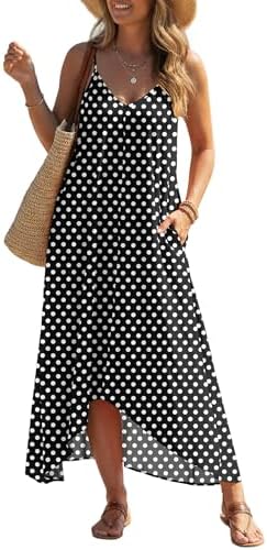 LILBETTER Women V-Neck Polka Dot Print Spaghetti Strap Boho Long Maxi Dresses
