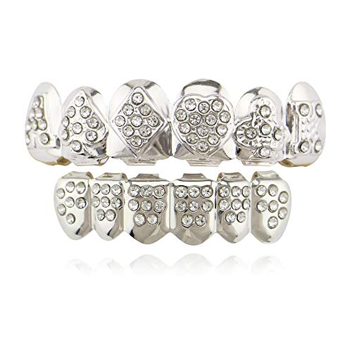 OOCC 18k Gold 6 Teeth Grillz Hip Hop Joker Iced Out Grills with Diamond Top & Bottom Teeth Caps Grillz Set