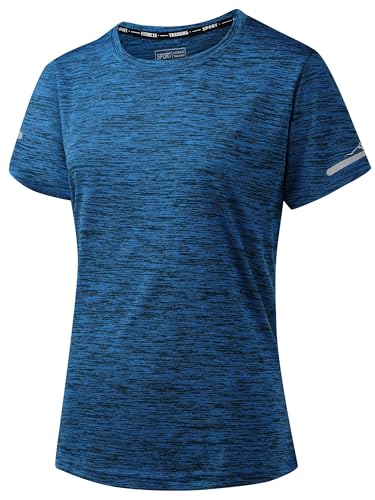 Peakwell Damen Sportshirt Atmungsaktiv T-Shirts Top Kurzarm Laufshirts Funktionsshirts Sport Oberteile (Mittelblau L)
