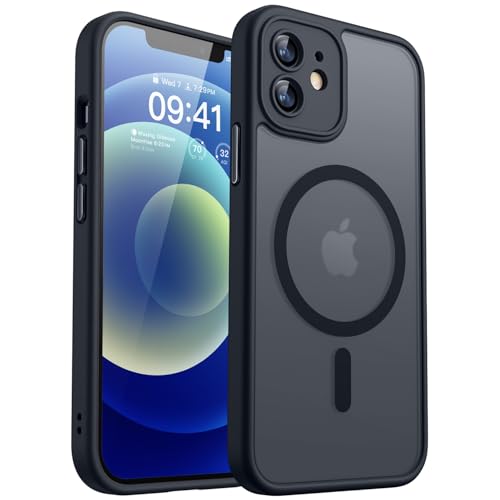 CANSHN iPhone 12 用 ケース Magsafe対応 カメラ周辺保護 ワイヤレス充電 あいふおん 12 用 ケース 耐衝撃 エアガードコーナー 傷つき防止 指紋防止 リング マグネット搭載 半透明マット仕上げ アイフォン 12 用 カバー- ブラック