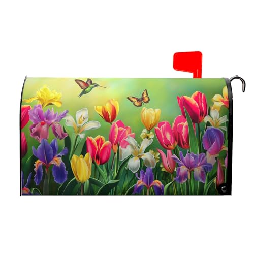 Image of Easter Floral Mailbox Cover Magnetic, Tulip Lily Flowers Mailbox Wrap, 21 inchx18 inch Spring Summer Standard Size Waterproof Letter Post Cover for Yard Garden Outdoor Outside Decoration