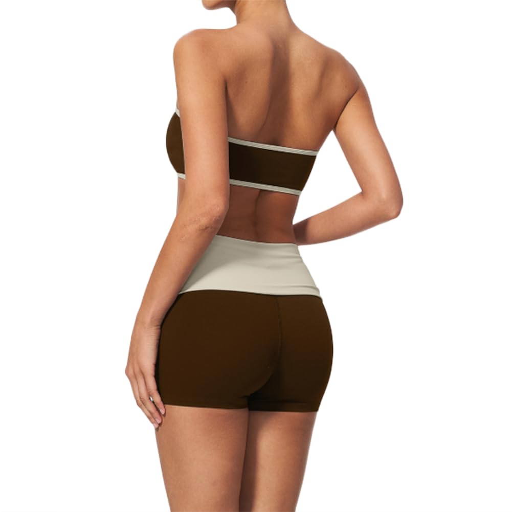 Top sport bandeau con finiture a contrasto pantaloncini vita ripiegabile | Top sport bandeau con finiture a contrasto, pantaloncini yoga con vita ripiegabile, completo fitness 2 pezzi elastico e trasp
