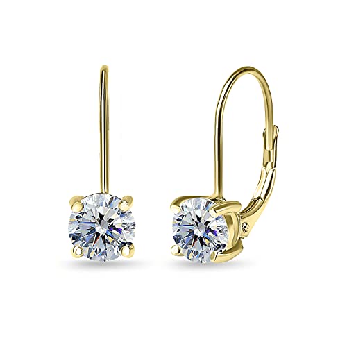 Gold Leverback Earrings for Women Yellow Flashed Sterling Silver Clear Round-cut Drop Crystal Earrings