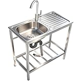 KWCWB Utility Sink,Outdoor Sink,Free Standing Stainless Steel Laundry Tub,with Cleaning Table&Storage Shelves for Garage, Restaurant, Kitchen,Camping, Backyard