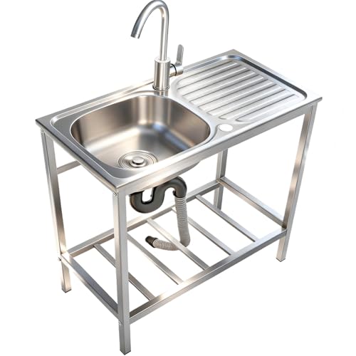 KWCWB Utility Sink,Outdoor Sink,Free Standing Stainless Steel Laundry Tub,with Cleaning Table&Storage Shelves for Garage, Restaurant, Kitchen,Camping, Backyard