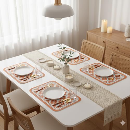 Image of YELONA Pastel Orange Faux Leather Dining Table Placemats - Set of 4 | Heat & Stain Resistant PU Table Mats | Easy to Clean & Durable | Perfect for Office, Conference Tables & Home Decor