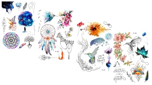 4 fogli di tatuaggi temporanei colibrì tatuaggi albero tatuaggi fiori acchiappasogni tatuaggi uccello tatuaggi color Dream 2