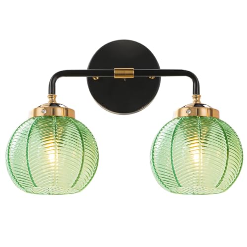 Image of Bathroom Wall Light Emerald Green 2-Lights Leaf Texture Glass Shade | Modern Vanity Light Fixtures 15cm /5.9″ Thick Globe Glass Shade Mid Century Wall Lamp Sconce Over Mirror Living Room Cabinet