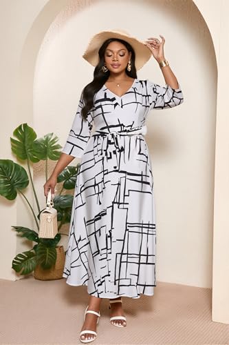 Plus Size Dress Printed for Women V-Neck 3/4 Sleeve with Belt4