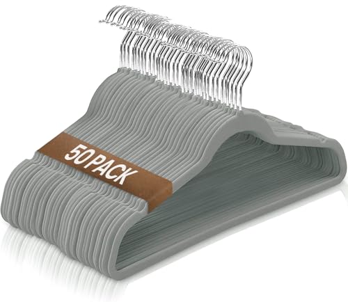 Ediesi, Perchas Terciopelo, 50 Unidades, Gris, Antideslizantes, Suaves, Finas, para Pantalón, Camisa, Falda, Trajes (50 Unidades, Gris sin corbatero)