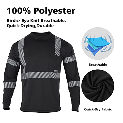Vendace Safety T Shirts Reflective High Visibility 3 Pack Hi Vis Long Sleeve Construction Work Shirts For Men (Black,L) #TOP3