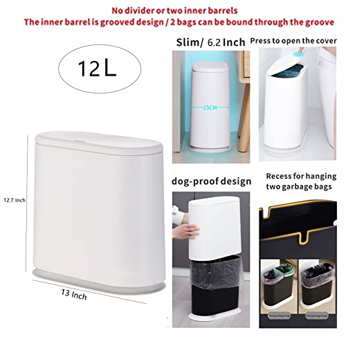Image of 12L White Slim Bathroom Trash Can with Press Top Lid,3.17 Gallon Pet /Dog Proof Kitchen Trash Can,Thin Garbage Can,Covered Wastebasket,Narrow Small Plastic Trashcan for Craft Room,Bedroom,Office,Dorm