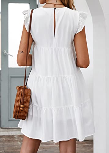 KIRUNDO Women's Summer Dresses Sleeveless Ruffle Sleeve Round Neck Solid Loose Short Flowy Pleated Mini Babydoll Dress