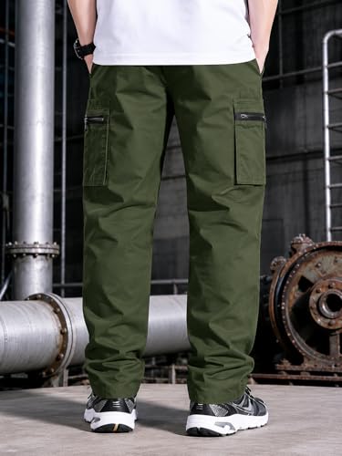Image of Men's Pure Cotton Cargo Pants | Regular Fit Multi-Pocket Utility Trousers for Men | Solid Cargo Bottom Wear with Zip Pockets | Comfortable Casual Outdoor Wear