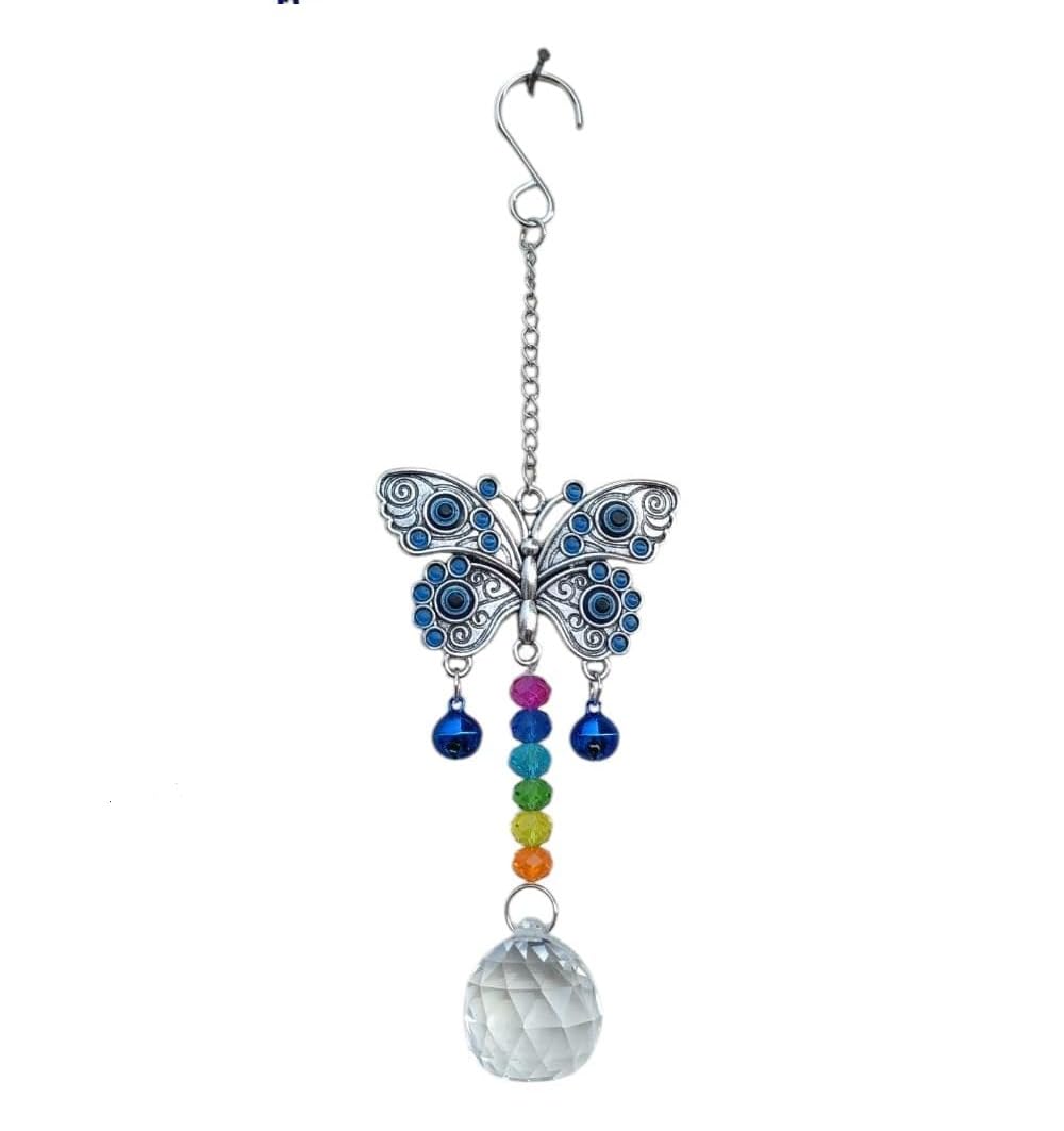 Crystal Suncatcher with Blue Butterfly Design, Rainbow Chakra Beads, Hanging Window Decoration-image-32