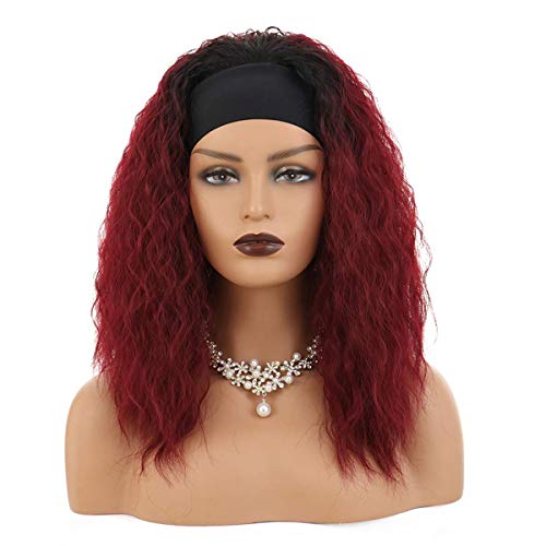 Rofuliny Ombre Wine Red Long Curly Wavy Headband Wigs for Black Women Synthetic 18 Inches Corn Wave Headband Wig Black to Burgundy Color Glueless None Lace Front Wigs