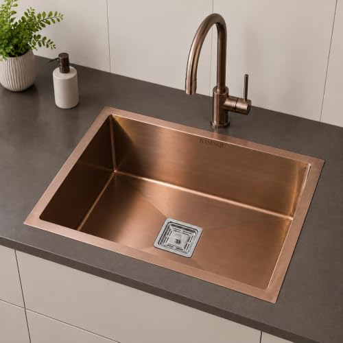 Image of Kitchen Sink 24x18x10 Inch Single Bowl 304 Stainless Steel Handmade Noise Reducing Rose Gold Sink for Kitchen Basin Matte Finish With Coupling Fruit Tray Hose Pipe Kitchen Sinks