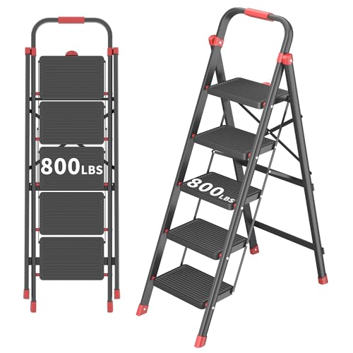 DIAMONDFORGE 800lbs Foldable Step Ladder Stool with Handle, Anti-Slip Wide Pedals & Feet, 5-Step Capacity, Sturdy Stepstool Folding for Adults in Home & Kitchen Use - Black