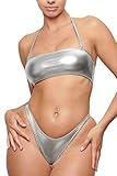 Damen Sexy Metallic Bikini Set - Glänzender Badeanzug Rave Outfit Trägerloses Neckholder Tube Bandeau Top & Tanga Unterteil, silber, Medium