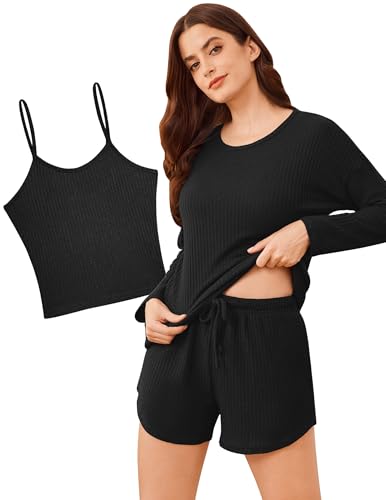 Ekouaer 3 Piece Waffle Knit Lounge Set for Women, Long Sleeve and Cami Top with Shorts Pajama Sets Black