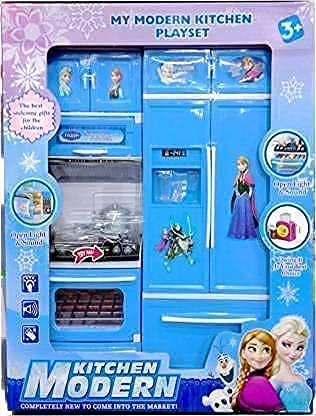RABBITTOM frozen kitchen set , Pretend Play Little Chef Kitchen Set with Light and Sound Openable Doors | Modern Toy for Girls Birthday Gift Frozen 2 Door Modular Cooking Refrigerator & Full Accessories Kids Station Toys (Multicolor)
