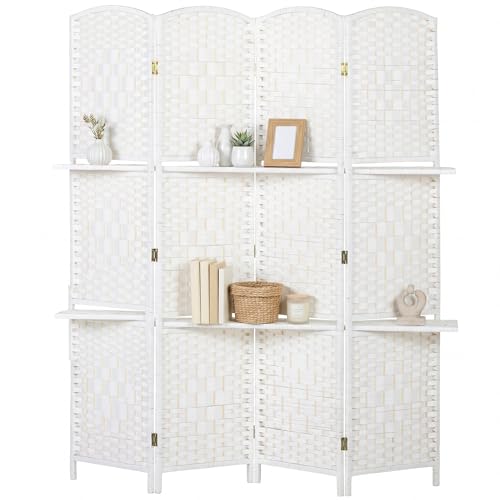 HOMCOM Paravent séparateur de pièce 4 Panneaux 160 x170 cm avec 2 étagères, Pliable, en Bois pour Le Bureau, Salon, Chambre, Blanc