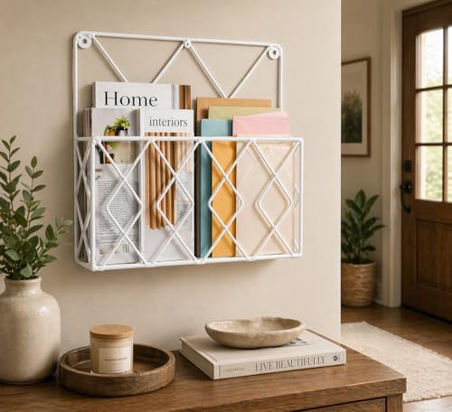 Image of Hanging File & Magazine Holder - Wall Mounted Metal Organizer for Newspapers, Documents & Office Storage | Decorative Wall Rack for Home & Workspace (White)