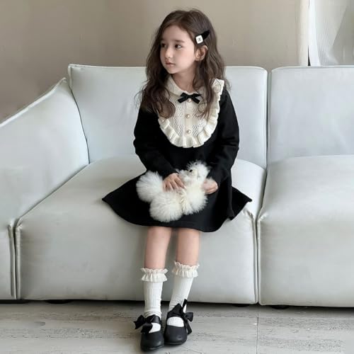 famuka Little Girl Knitted Dress Black Long Sleeve A-Line Dress Classic Ruffle Collar Dress with White Lace Bib3