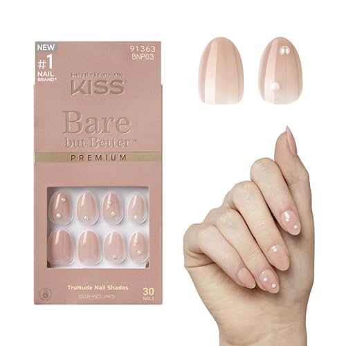 KISS Bare But Better, Press-On Nails, Nail glue included, 'Slay', Light Nude skin, Short Size, Almond Shape, Includes 30 Nails, 2G Glue, 1 Manicure Stick, 1 Mini File
