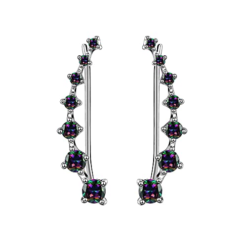 Black Rainbow Multi Color Cubic Zirconia Crawler Climbers Cuff Wrap Diamond 925 Sterling Silver Fashion Stud Pierced Sweep up Earrings for Women 7 Crystal Round CZ Hypoallergenic for Sensitive Ears Jewelry Gifts for Birthday Bff Xmas