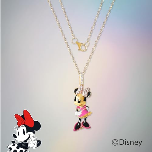 Disney Womens 3D Minnie Mouse Necklace 18", 24kt Gold Flash Plated and DMQ Cubic Zirconia Sterling Silver D Necklace Official License3