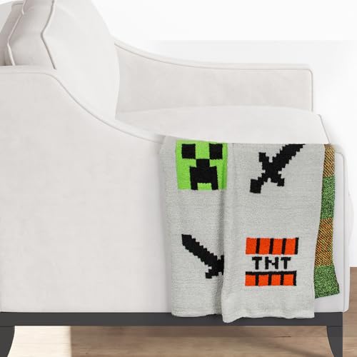 Image of Jay Franco Minecraft Feather Knit Fluffy Throw Blanket - Creeper and Weapons Fuzzy Blanket Measures 50 x 60 Inch, Super Soft Lightweight Gamer Bedding