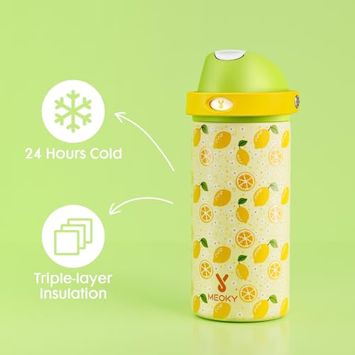 Image of 18 oz Stainless Steel Water Bottle for Kids: Meoky Insulated Water Bottle with 2-in-1 Straw and Spout Lid - Leak Proof, Cold for 24 Hours, BPA-Free for Boys Girls School Backpacks Sports, Sunny Lemons